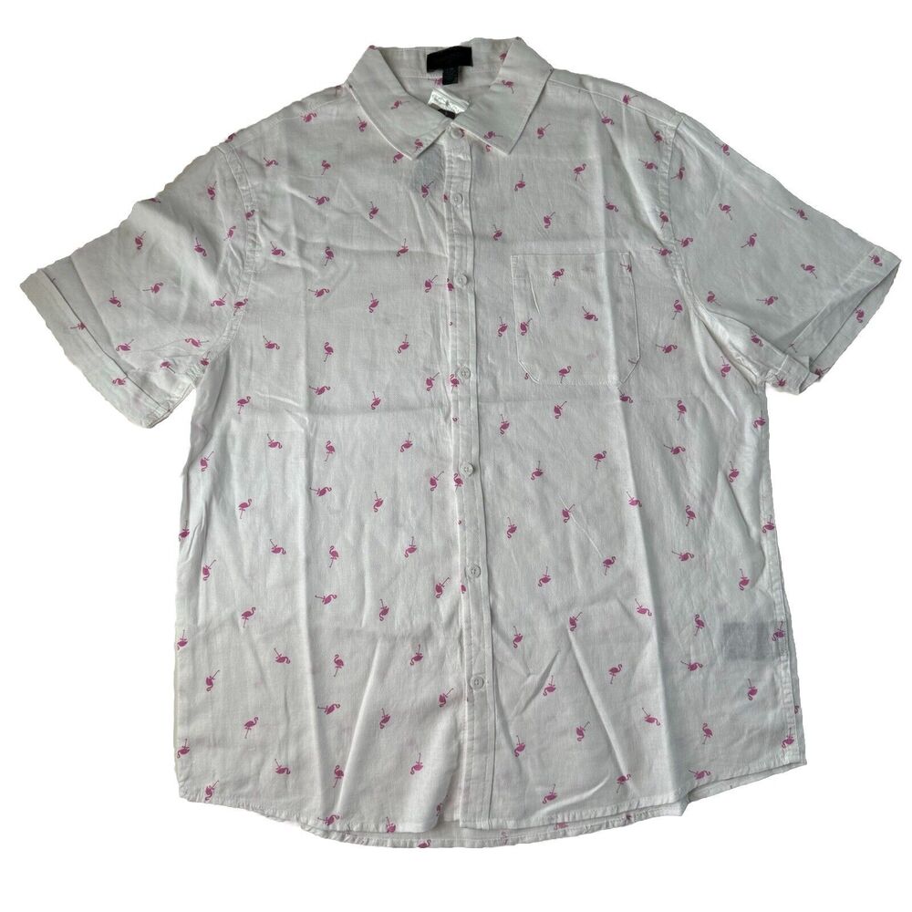 Magaschoni Man Short Sleeve Shirt Flamingos All Over Print Linen Blend Large NWT